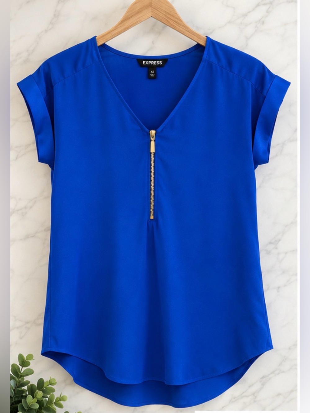 Express Cobalt Blue V-Neck Zip Front Blouse Short Sleeve Top